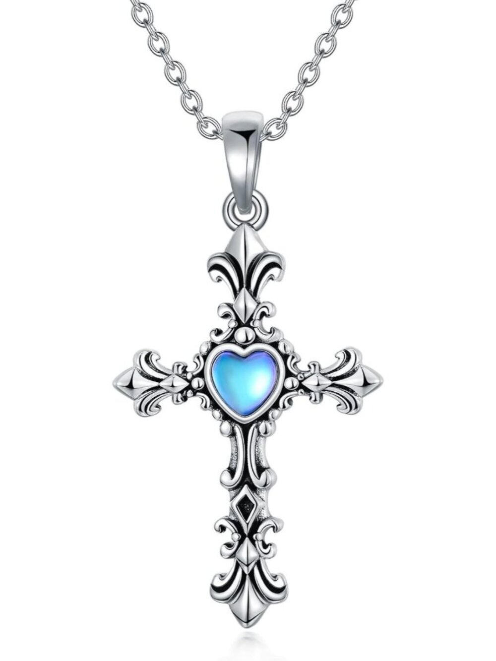 Women's Silver Blue Religious Engraved Faith Hope Love Cross Pendant Necklace